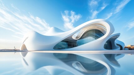 Poster - A modern, fluid architectural structure reflecting in water under a clear blue sky.