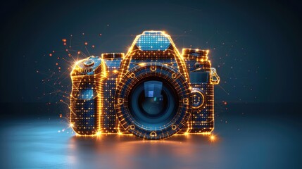 Wall Mural - Photo. Low poly wireframe illustration of camera in gold style. Polygonal vector image in RGB color. Photography concept