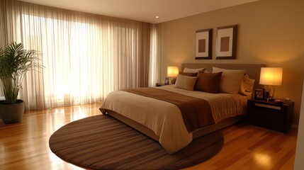 Poster - A modern, serene bedroom featuring neutral tones and natural light.