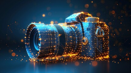 Wall Mural - Photo. Low poly wireframe illustration of camera in gold style. Polygonal vector image in RGB color. Photography concept