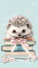 Wall Mural - Adorable Hedgehog Sitting on Stack of Books with Flowers