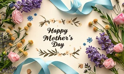 Wall Mural - A beautiful bouquet of flowers with a ribbon and the words Happy Mother's Day written in the center