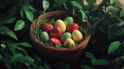 Wall Mural - Colorful decorative easter eggs in a basket surrounded by greenery for a festive spring celebration