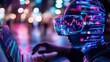 © Johannes - Close up of hands using laptop with abstract hologram of digital head with VR glasses and glowing forex chart on blurry background. Economy, metaverse and stock concept. Double exposure