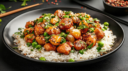 Poster - Delicious sweet and sour chicken served on bed of rice with vegetables