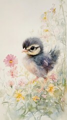 Canvas Print - A fluffy chick amidst delicate watercolor flowers