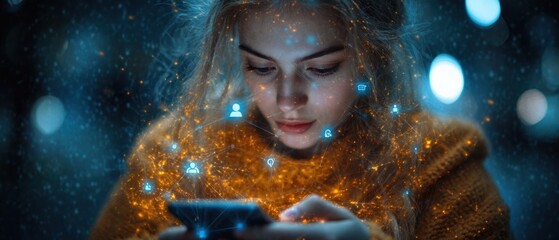 Wall Mural - A young woman interacts with her phone, surrounded by digital icons and glowing effects.