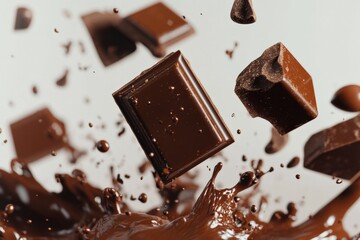 chocolate pieces falling into liquid chocolate