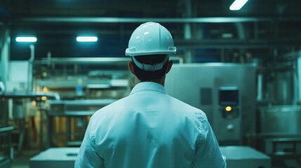 Aufkleber - A person in a hard hat and lab coat stands in an industrial environment.