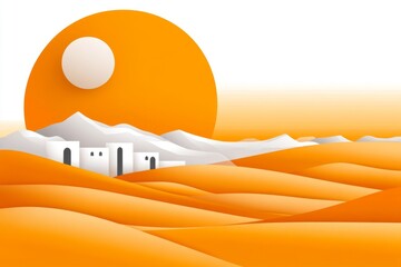 Poster - A simple line art depiction of a ksar, with clean geometric shapes representing the granaries and warm desert tones in the background