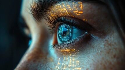 Wall Mural - A close-up of an eye reflecting digital data, symbolizing technology and perception.