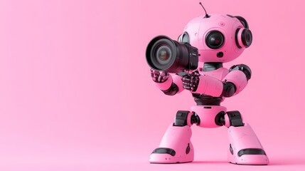 Poster - A pink robot holding a camera against a pink background, suggesting photography and technology.
