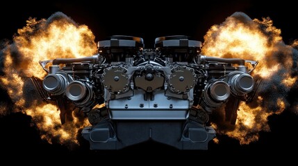 Poster - A powerful engine design with explosive effects, showcasing mechanical strength and performance.