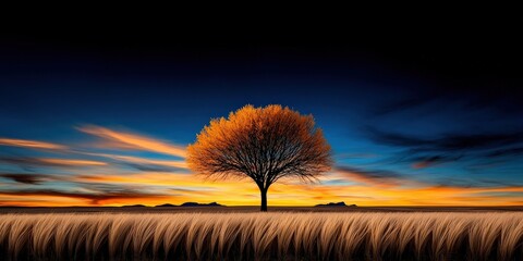 Wall Mural - Solitary Tree against Vibrant Sunset in Open Landscape with Grass Field and Mountain Horizon