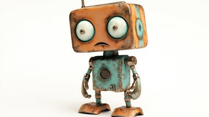 Poster - A quirky, vintage-style robot with a distressed appearance and expressive eyes.