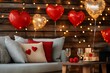 © Anna Lurye - Cozy living room decorated with heart-shaped balloons and fairy lights for a festive celebration. St Valentines day