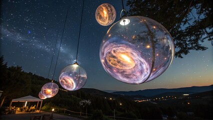 Wall Mural - Glowing Glass Orbs with Galaxy Patterns in the Sky. Perfect for: Christmas, art exhibitions, cosmic festivals