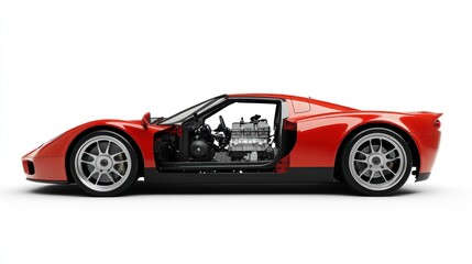 Poster - A red sports car showing its detailed interior and engine components.