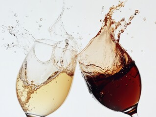 two wine glasses clinking with red and white wine