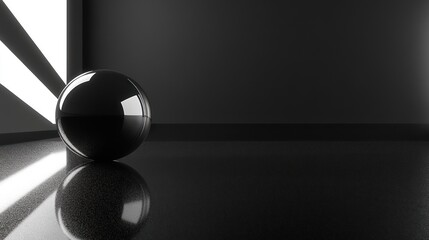 Poster - A reflective black sphere in a minimalistic dark room with geometric light.