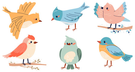Naklejka na meble Set of spring birds illustrations in cute  childish style. Different birds. Beautiful and cute multi-coloured birds. Vector cartoon illustration in childish style. Isolated on white.