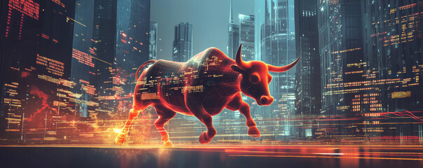 Wall Mural - stylized bull glowing in red and gold streaks, symbolizing strength and power in futuristic cityscap