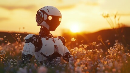 Aufkleber - A robot sitting among flowers at sunset, blending nature and technology.