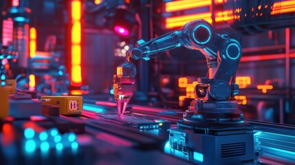 Fototapete - A robotic arm operates in a futuristic industrial setting with neon lighting.