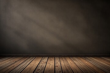 Wall Mural - Empty room featuring a wooden floor and textured dark wall, illuminated by soft light. Minimalist design, calm atmosphere, interior concept. Ai generative