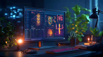 Programmer coding late at night, illuminated workspace, plants, desk.