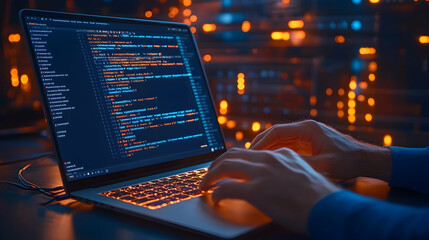 Programmer coding late at night in a server room.  Background lights illuminate the scene.  Ideal for technology, software, and IT articles.