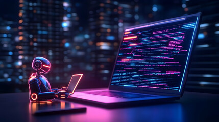 Robot programmer coding at night in a futuristic city; AI development and technological advancement.