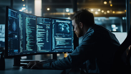 IT specialist working on multiple screens