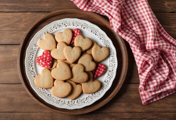 A wooden tray with heart shaped cookies and a red and white tablecloth on a wooden background