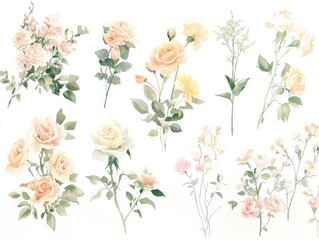 Wall Mural - watercolor flowers in pastel colors on a white background