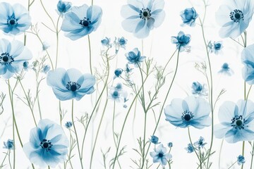 Wall Mural - a field of light blue anemone flowers on white