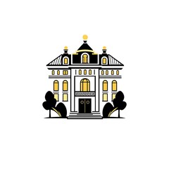 Grand Mansion Illustration: Elegant black and gold illustration of a stately mansion, perfect for real estate, architecture, or luxury branding.  