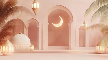 Aufkleber - A serene architectural scene featuring arches, a crescent moon, and palm trees.