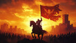 © Liffer - knight rearing their horse at head of army, holding flag against dramatic sunset backdrop. scene evokes sense of bravery and leadership