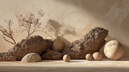 Aufkleber - A serene arrangement of rocks and spheres against a textured wall, evoking natural beauty.