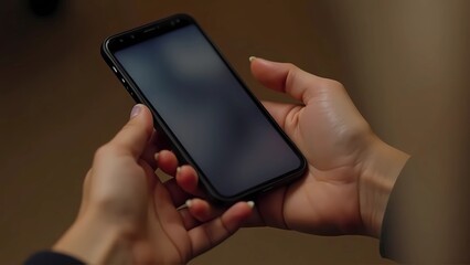 Close-up of a man's hand holding a smartphone with a blank screen isolated on brown background 