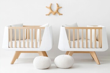 Leinwandbilder - A simple graphic of twin cribs with identical designs, placed symmetrically on a clean white background