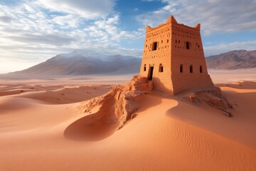 Poster - A simple line art depiction of a ksar, with clean geometric shapes representing the granaries and warm desert tones in the background