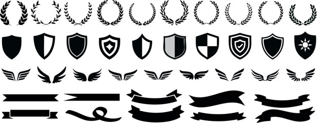 Wall Mural - laurel wreath, shield, wing, ribbon, and banners vector set. laurel wreaths, shields, wings, ribbons