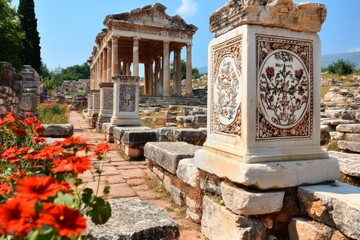 the ruins of ephesus near kuåÿadasä±, with the grand library of celsus framed by blue skies and dist