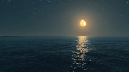 Aufkleber - A serene night scene featuring a full moon reflecting on calm ocean waters under a starry sky.