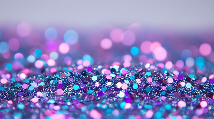 Radiant teal and purple bokeh sparkles glowing indoors over a muted light grey backdrop