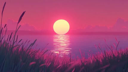 Aufkleber - A serene sunset over a calm body of water, surrounded by tall grass and soft clouds.