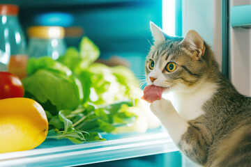 Tabby cat licking fresh lettuce inside a brightly lit fridge. This amusing moment highlights feline curiosity and a playful exploration of its surroundings.