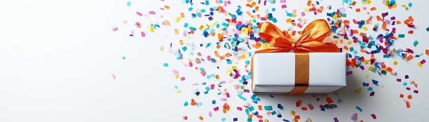 A beautifully wrapped gift box with colorful confetti exploding around it, on a pristine white background, representing anniversary celebration and party fun